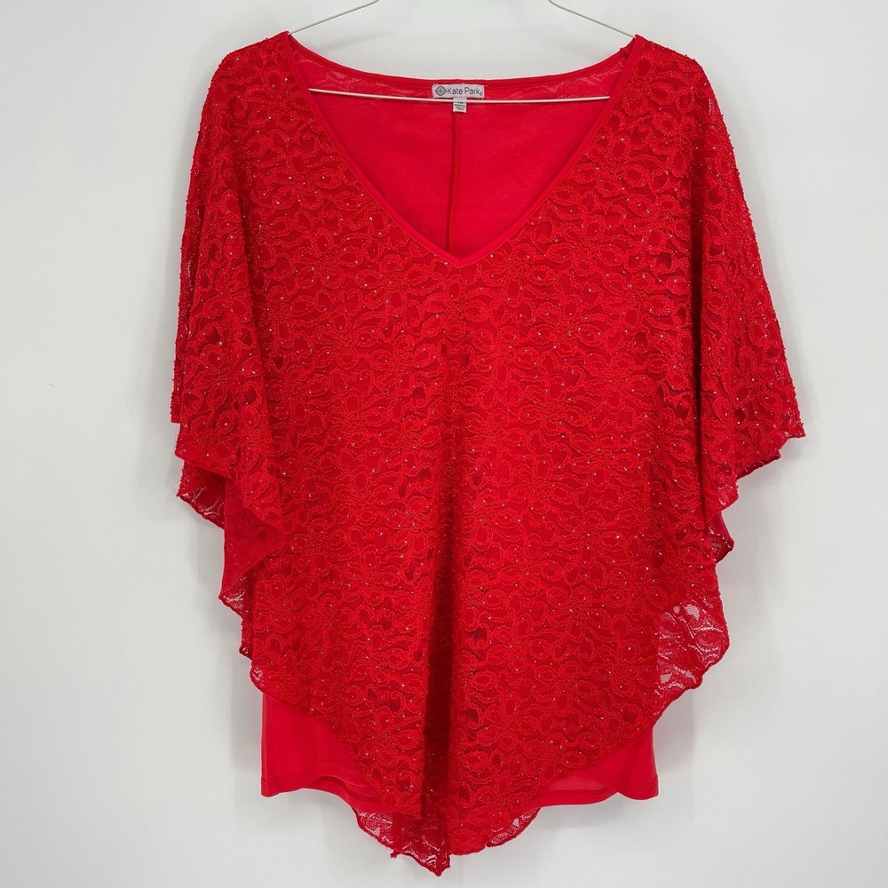Kate Park Women's Red‎ Lace Overlay Poncho Top Size 1X